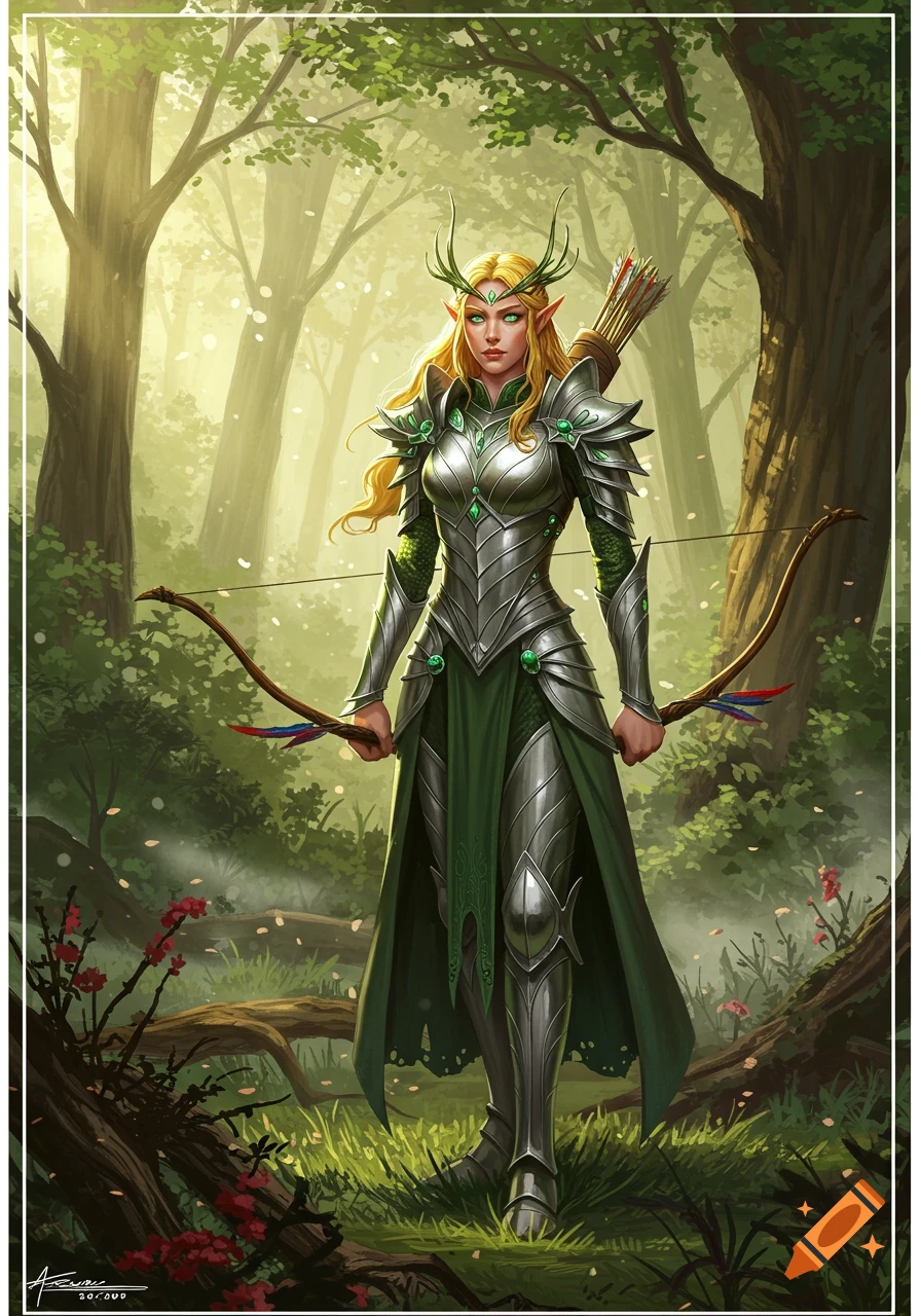 An armored female elf with blonde hair and green eyes stands in a sunlit forest, holding a bow.