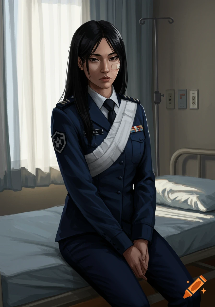 Digital illustration of an Asian woman officer in a blue uniform with bandages on her face, sitting on a hospital bed.