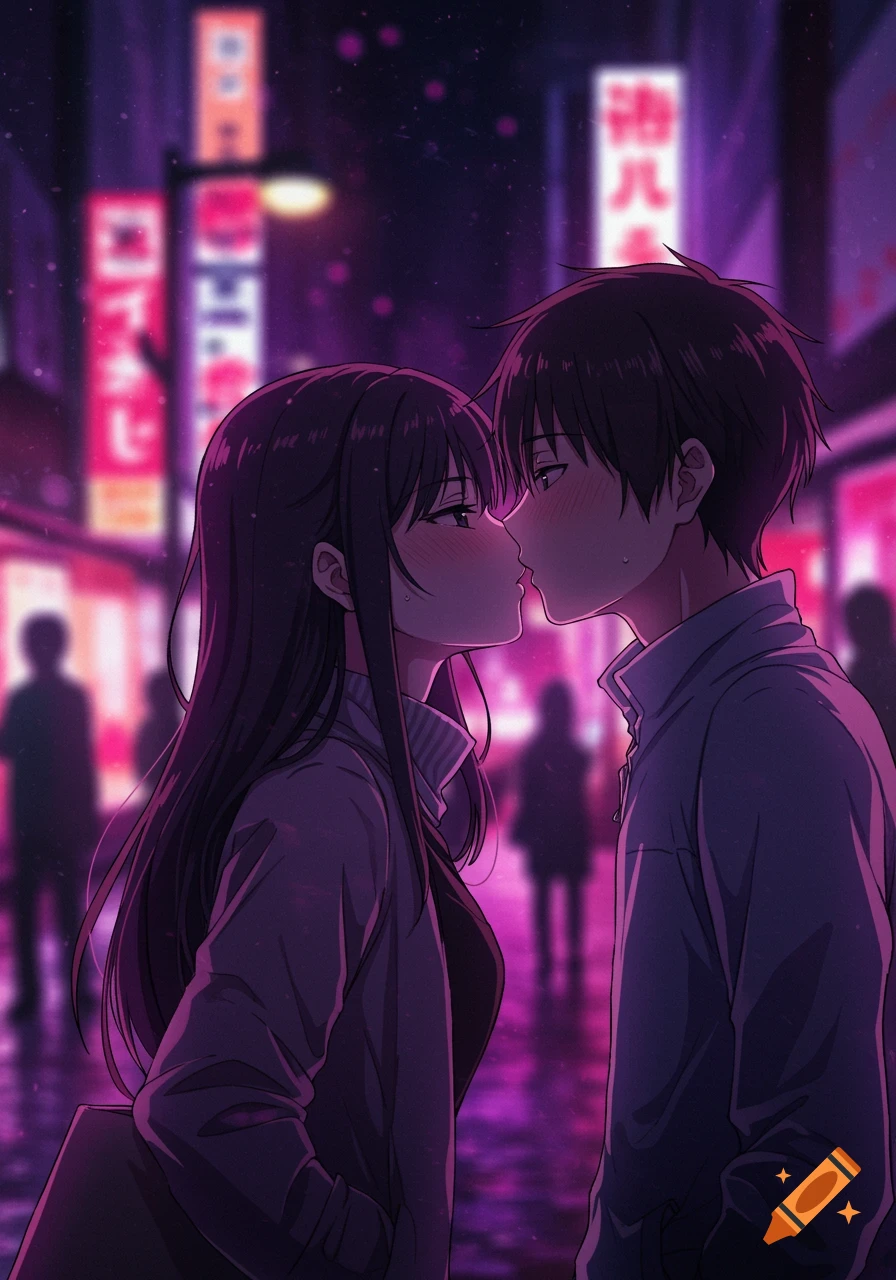 Anime couple kissing on a neon-lit city street at night.