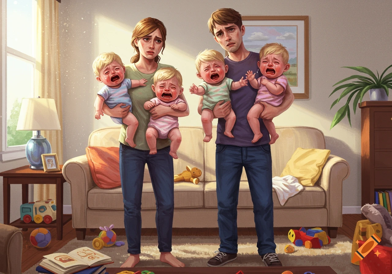 A stressed couple stands in a living room, each holding two crying babies. Toys are scattered on the floor.