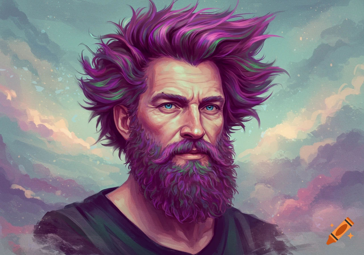 Digital painting of a man with wild purple and green hair and beard, blue eyes, against a vibrant, cloudy sky.