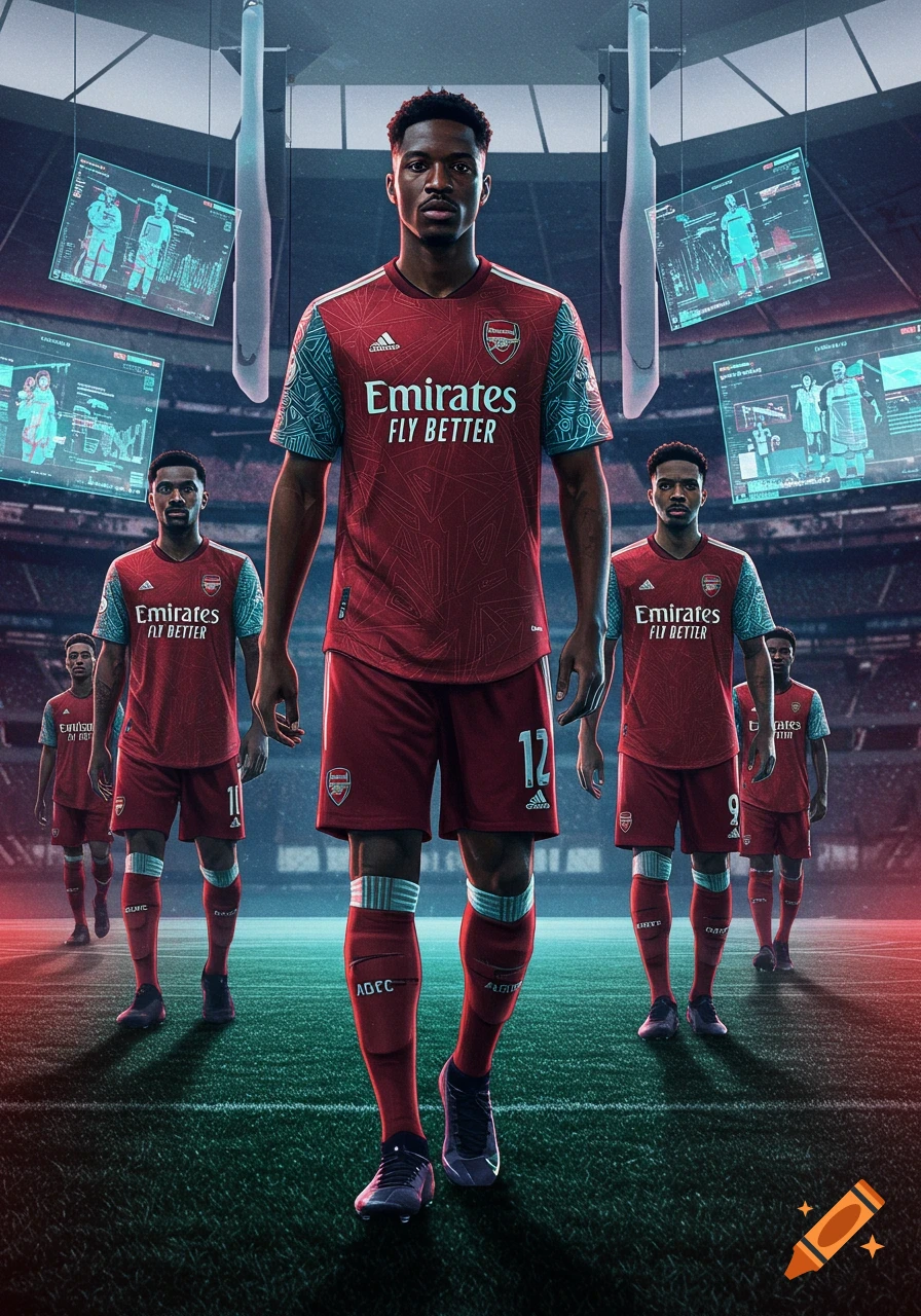 Futuristic illustration of soccer players in red Arsenal kits in a stadium, with a large player in the foreground and others receding behind him. Holographic screens display player data in the background.