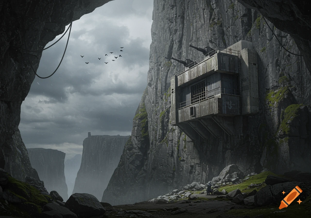 A secure industrial bunker embedded into a dark, craggy cliff face, with birds flying under a cloudy sky.
