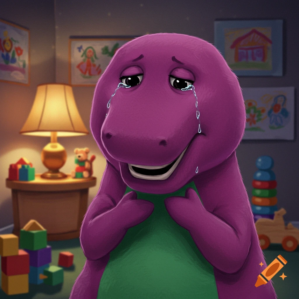 A crying purple dinosaur, Barney, with teardrops streaming down his face, in a child's room surrounded by colorful toys and drawings.