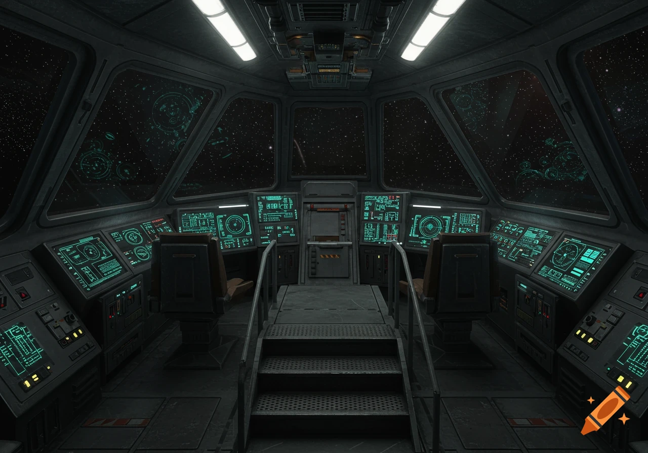 A dark, futuristic spaceship cockpit with a central ramp leading to pilot seats, surrounded by glowing green display screens.