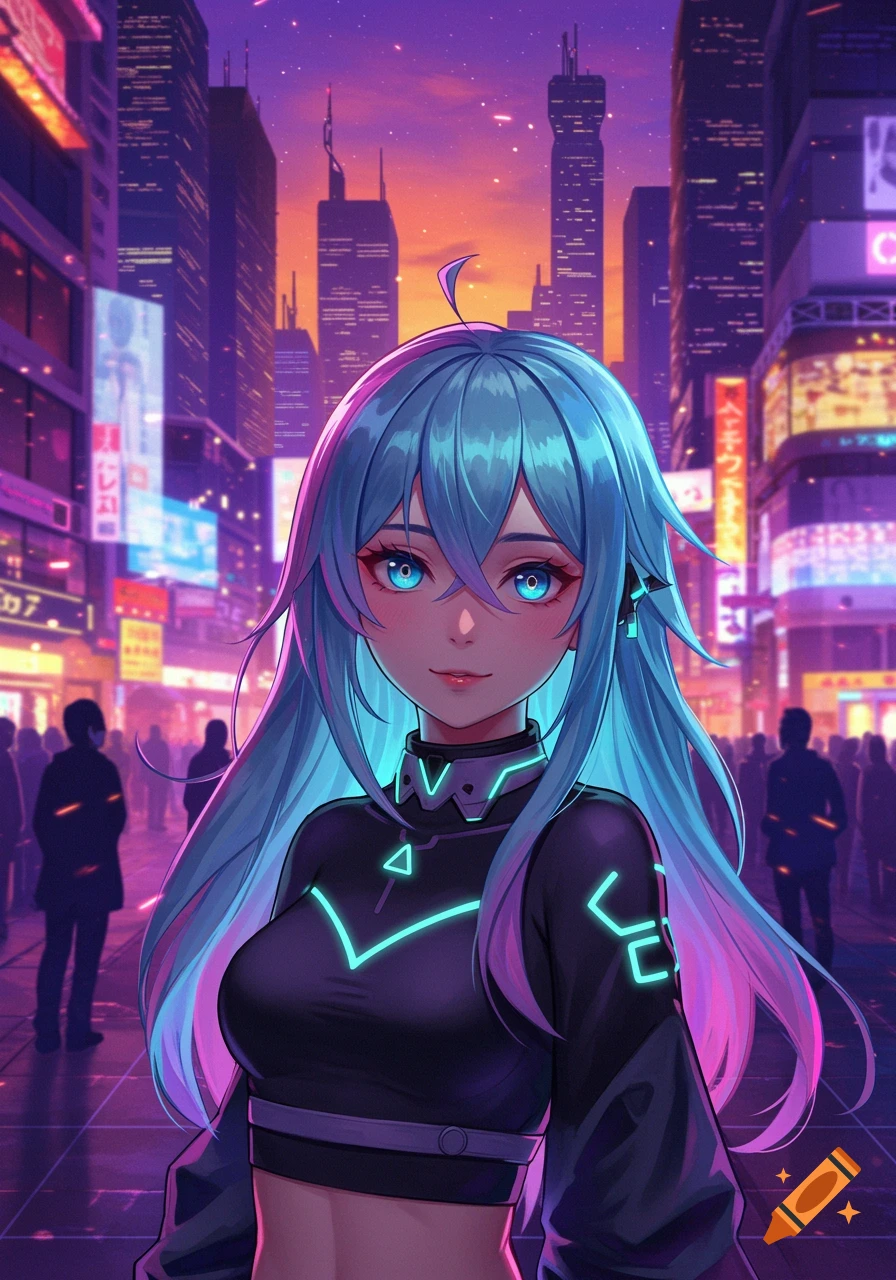 An anime girl with blue hair and glowing blue eyes stands in a vibrant cyberpunk city at sunset, wearing a black top with neon accents.