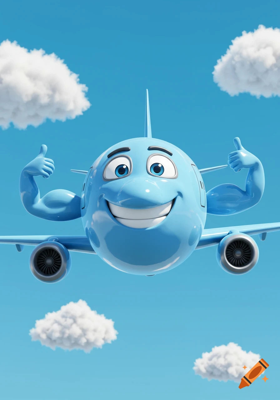 A smiling blue cartoon airplane with flexed muscle arms flies through a bright blue sky with white clouds.