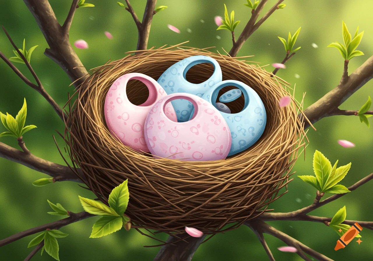 An illustration of a bird's nest in a tree filled with four pastel pink and light blue infant bibs with patterns, surrounded by green leaves and pink petals.