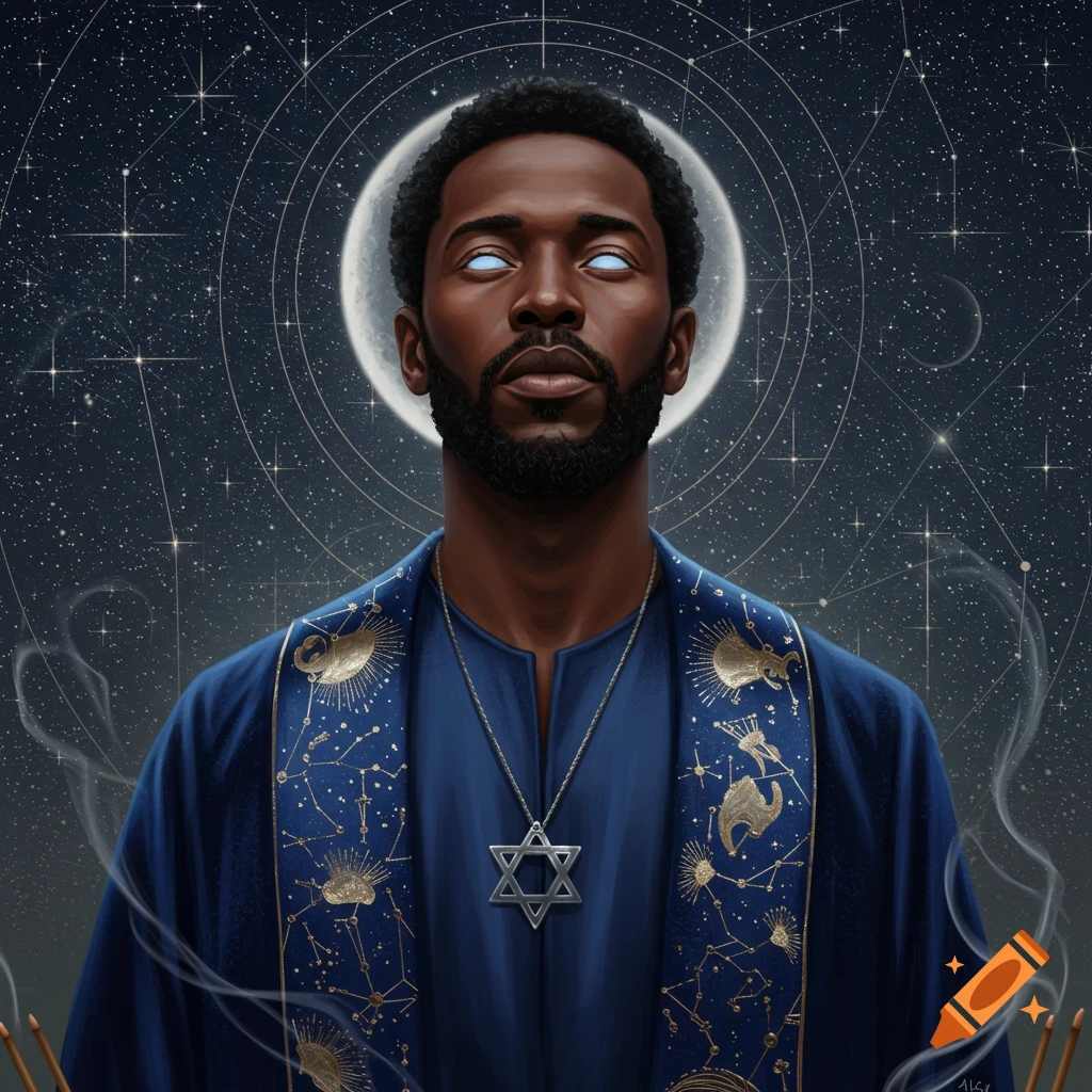 A man with a beard and glowing eyes wears a blue robe with constellations, a Star of David pendant, against a starry night sky.