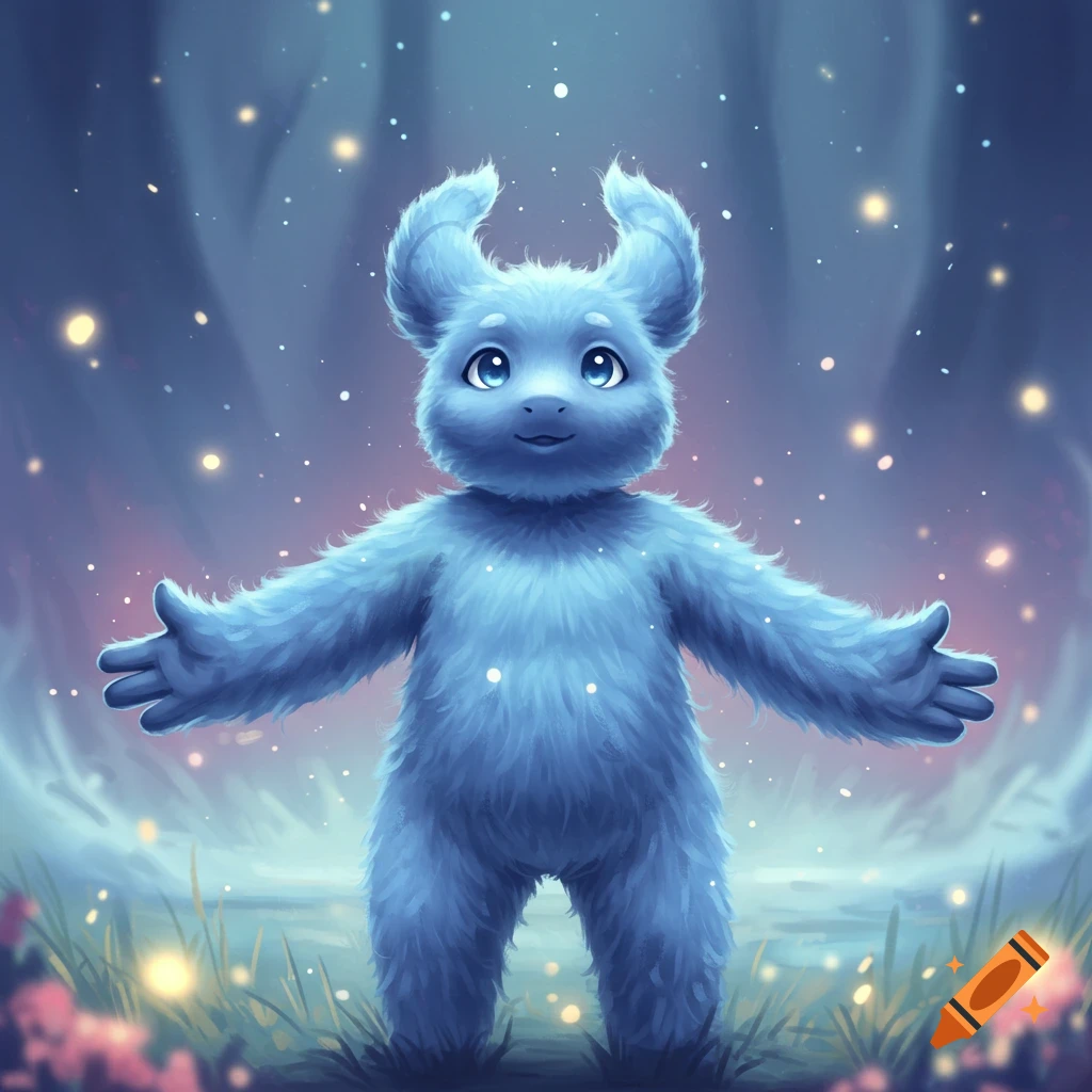 A cute blue fluffy creature with big eyes and horns stands with arms open in a magical glowing forest.