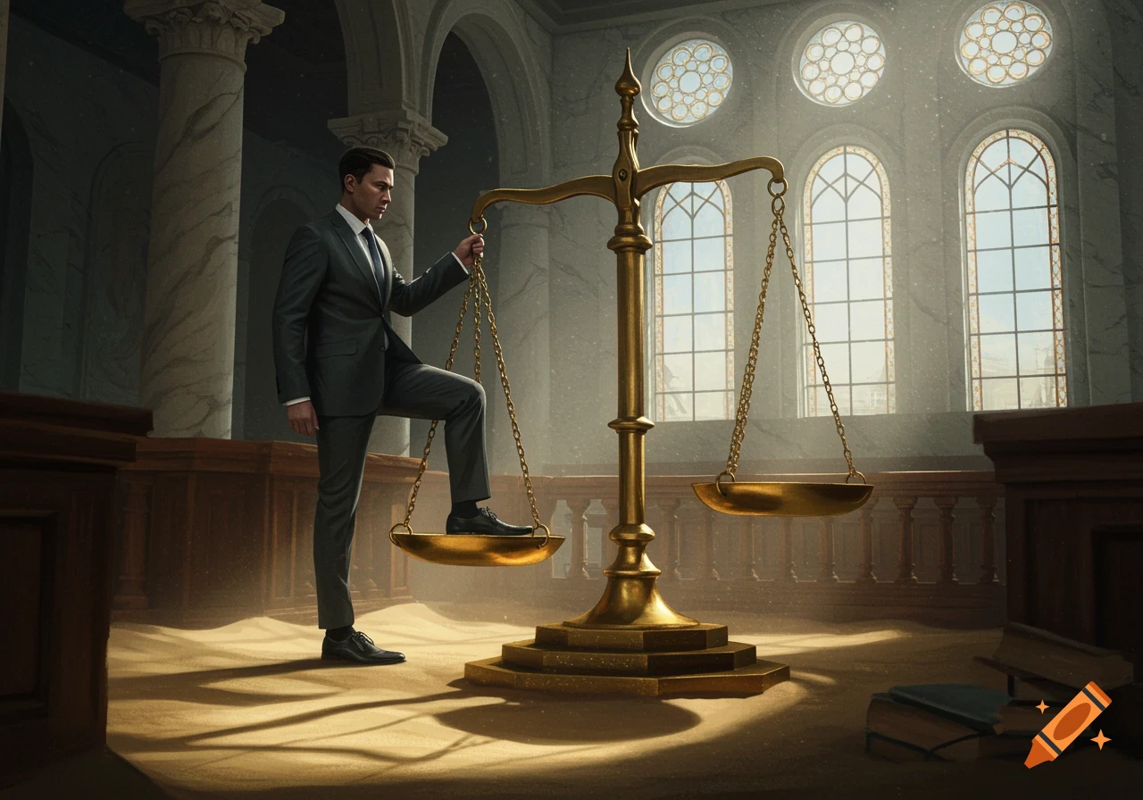 A man in a suit steps onto a golden scale of justice, standing in a large, sand-filled hall with columns and arched windows.