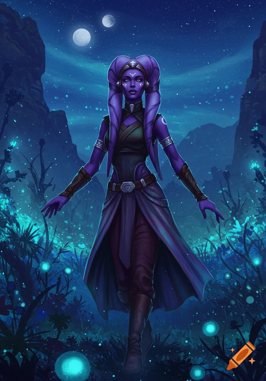 A purple-skinned Twi'lek woman stands in a glowing alien forest under a starry, two-moon night sky.