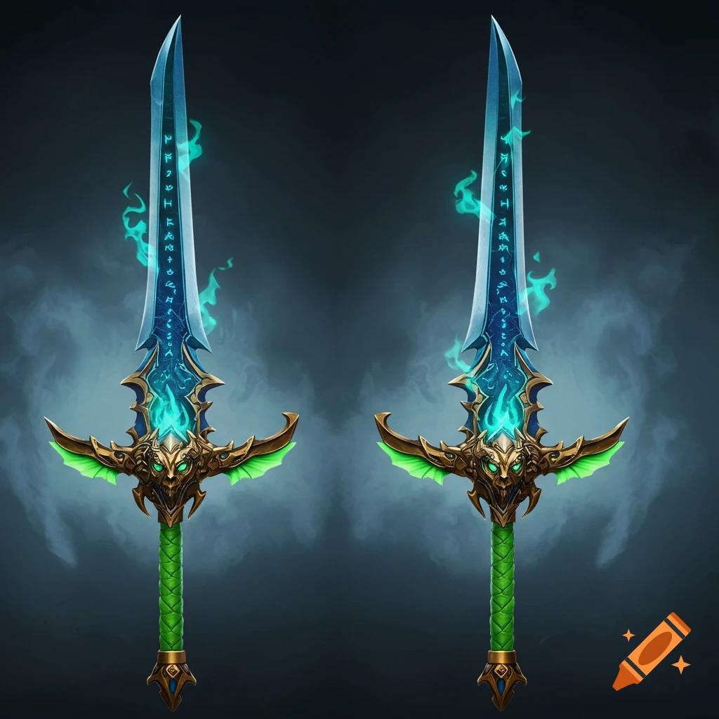 Two detailed fantasy swords with glowing blue blades, green hilts, and gold ornate guards, against a dark background.