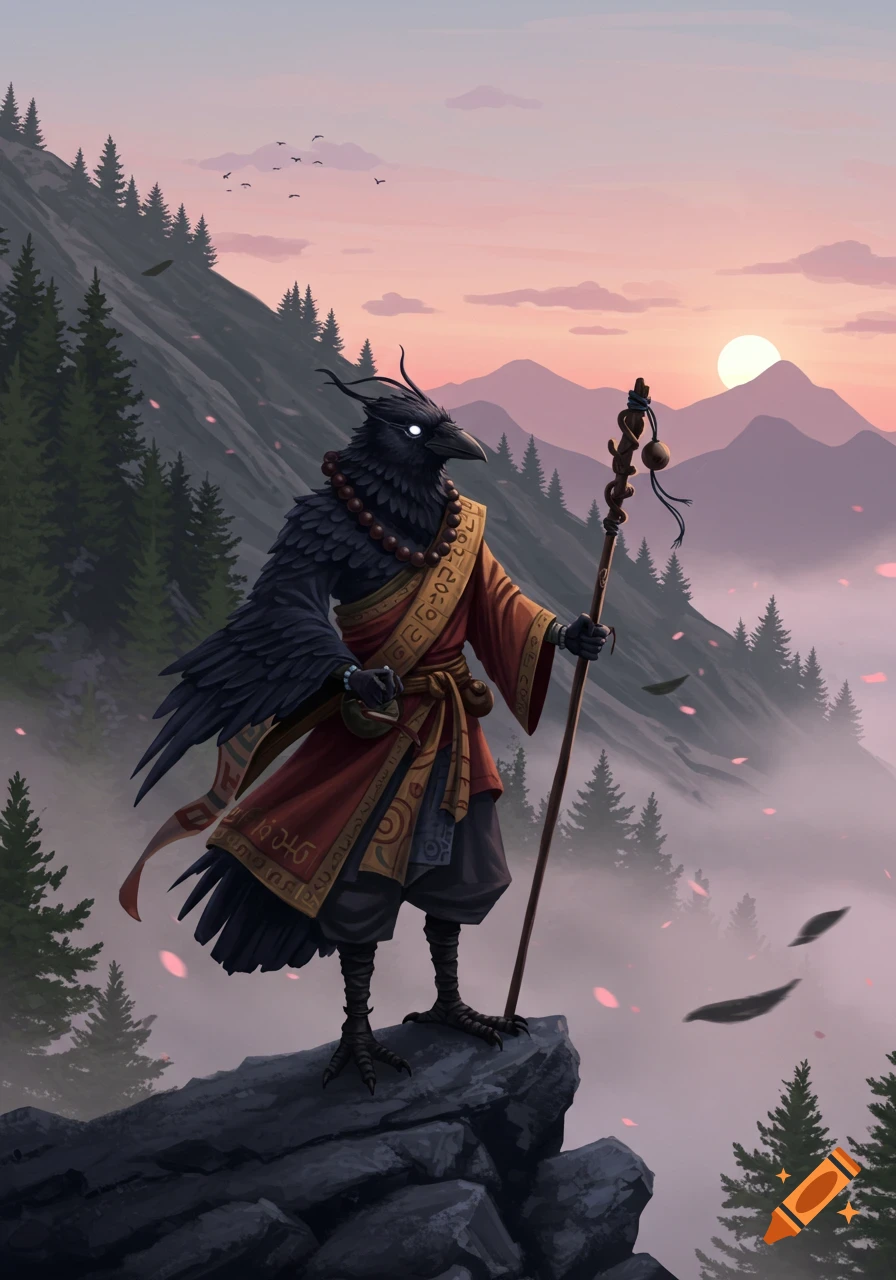 A bird-like monk with glowing eyes stands on a mountain peak at sunset, holding a staff. Mist fills the valleys below.