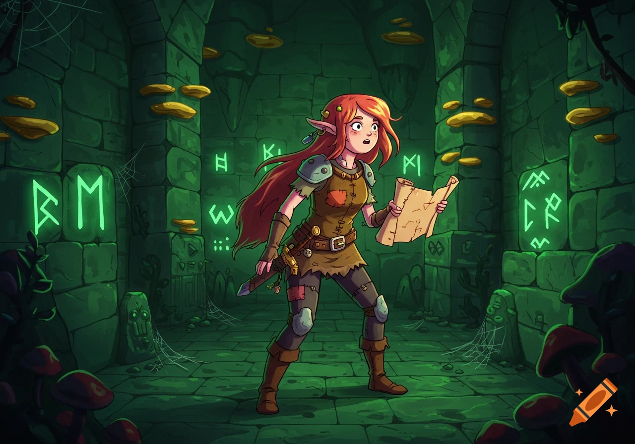 A female elf adventurer with red hair holds a map in a glowing green dungeon with runes in an Adventure Time cartoon style.