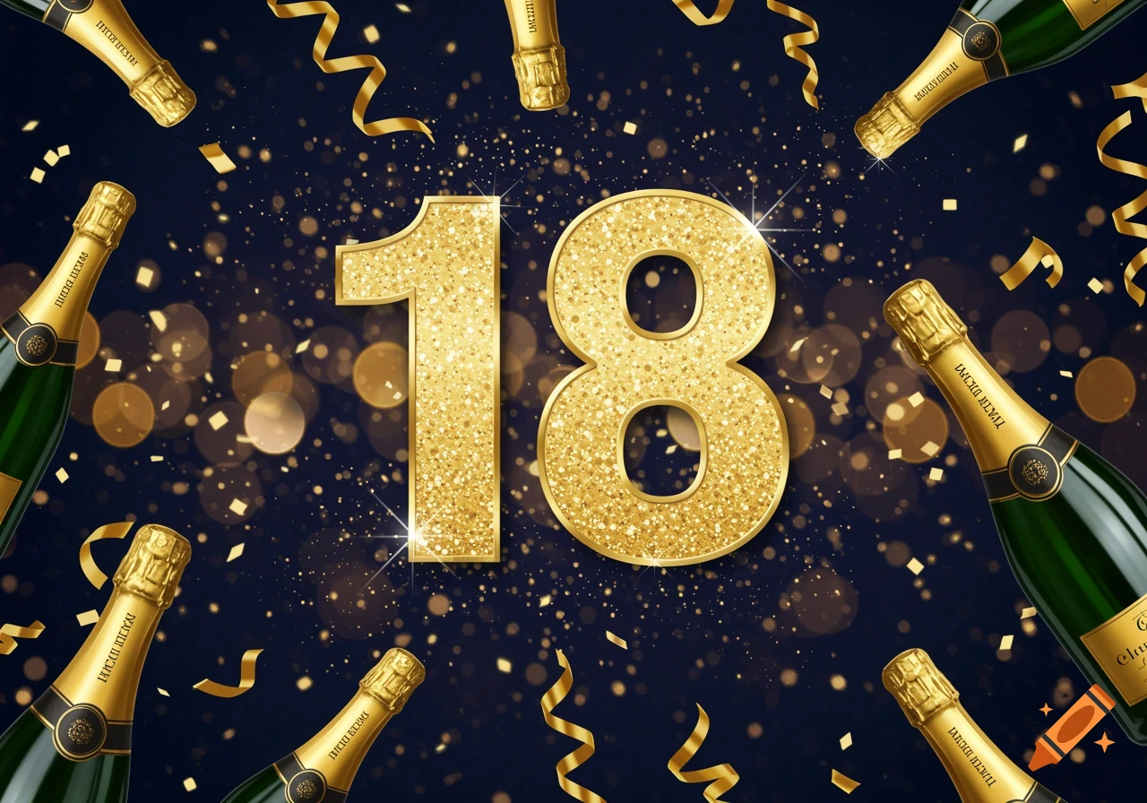 A golden glittery number 18 surrounded by champagne bottles, ribbons, and sparkling bokeh on a dark background.