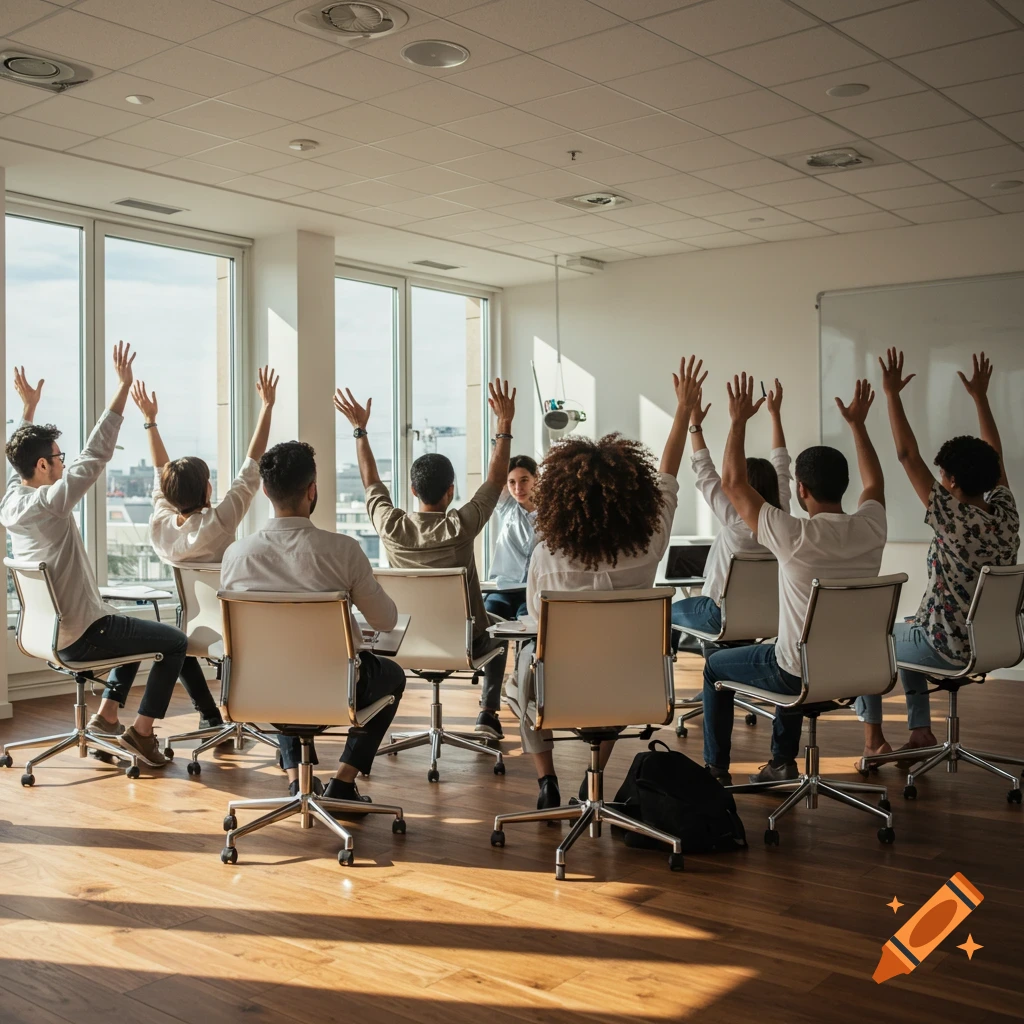 Photorealistic image of a diverse group of people sitting in a bright meeting room, backs to the camera, raising their hands.