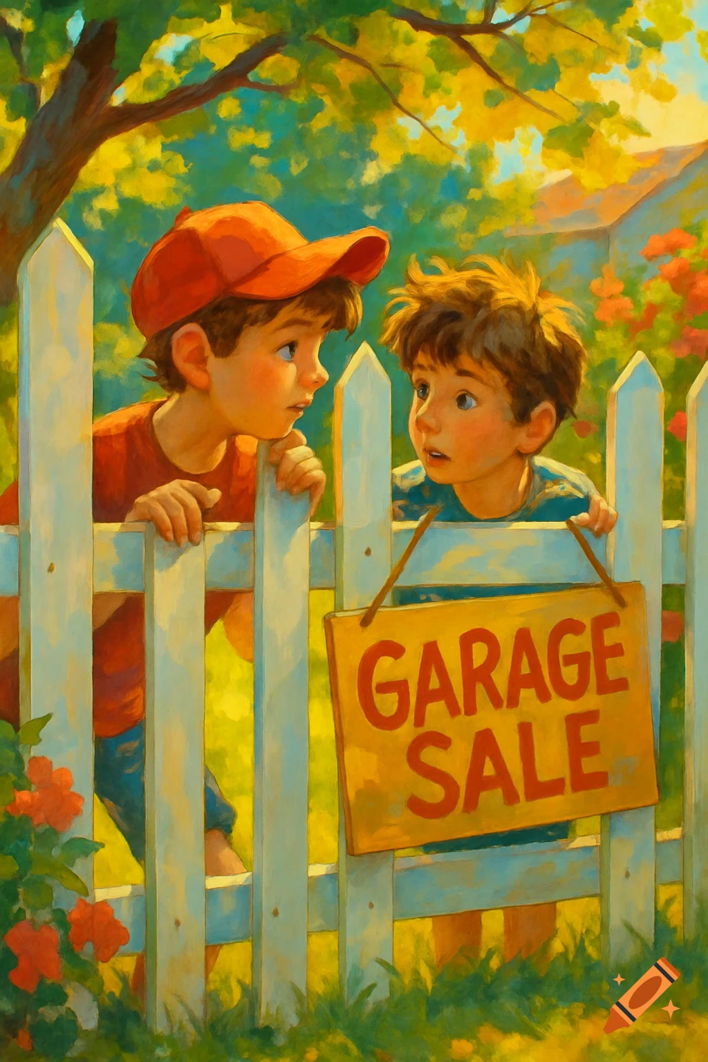 Two boys look through a white picket fence, surprised, with a yellow "GARAGE SALE" sign hanging on the fence. The image is in a vibrant, painterly style.
