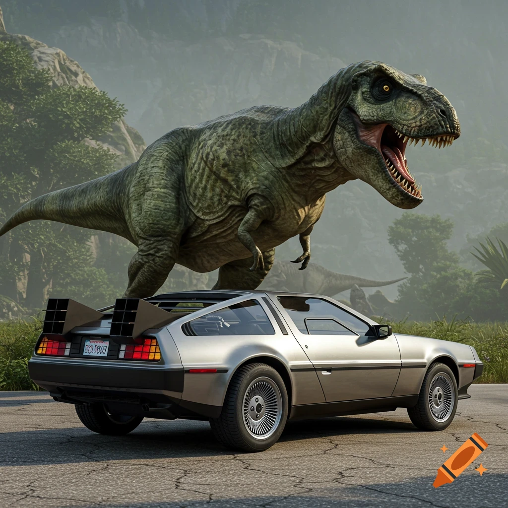 A photorealistic image of a large green Tyrannosaurus Rex standing over a silver DeLorean car in a misty prehistoric jungle.