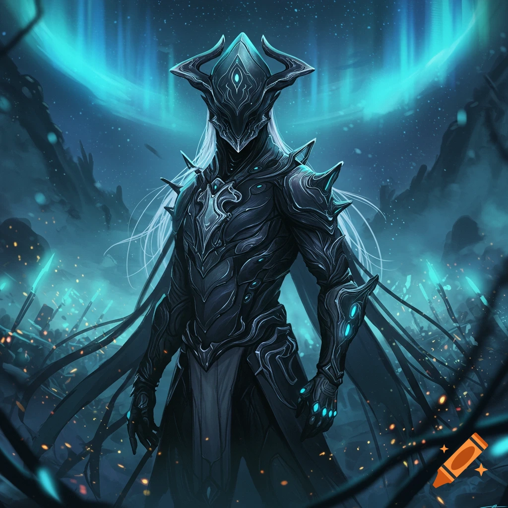 A dark armored Warframe-like character with long white hair and glowing blue accents stands in a desolate, glowing blue landscape.
