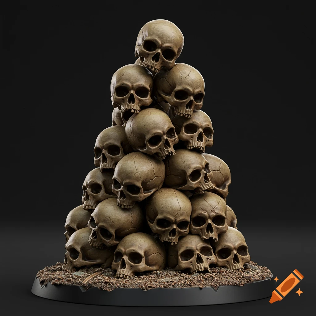 A photorealistic pile of human skulls without mandibles, in a tabletop wargaming scale, set on a circular base against a dark background.