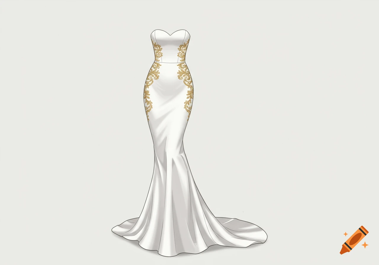 A white strapless mermaid-style wedding gown with intricate gold embroidery on the bodice and sides.