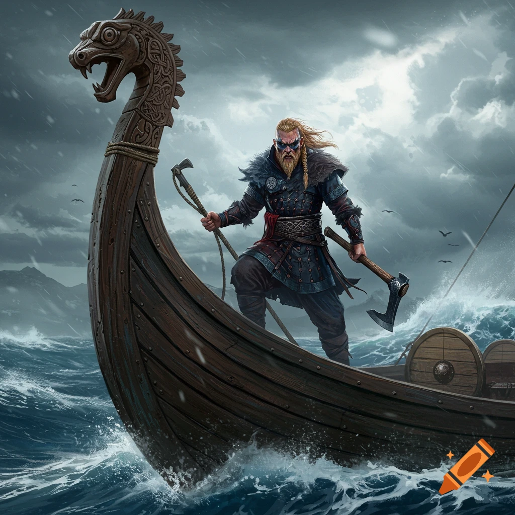 A fierce viking with an axe stands on the prow of a dragon-headed longship, sailing through a stormy ocean.