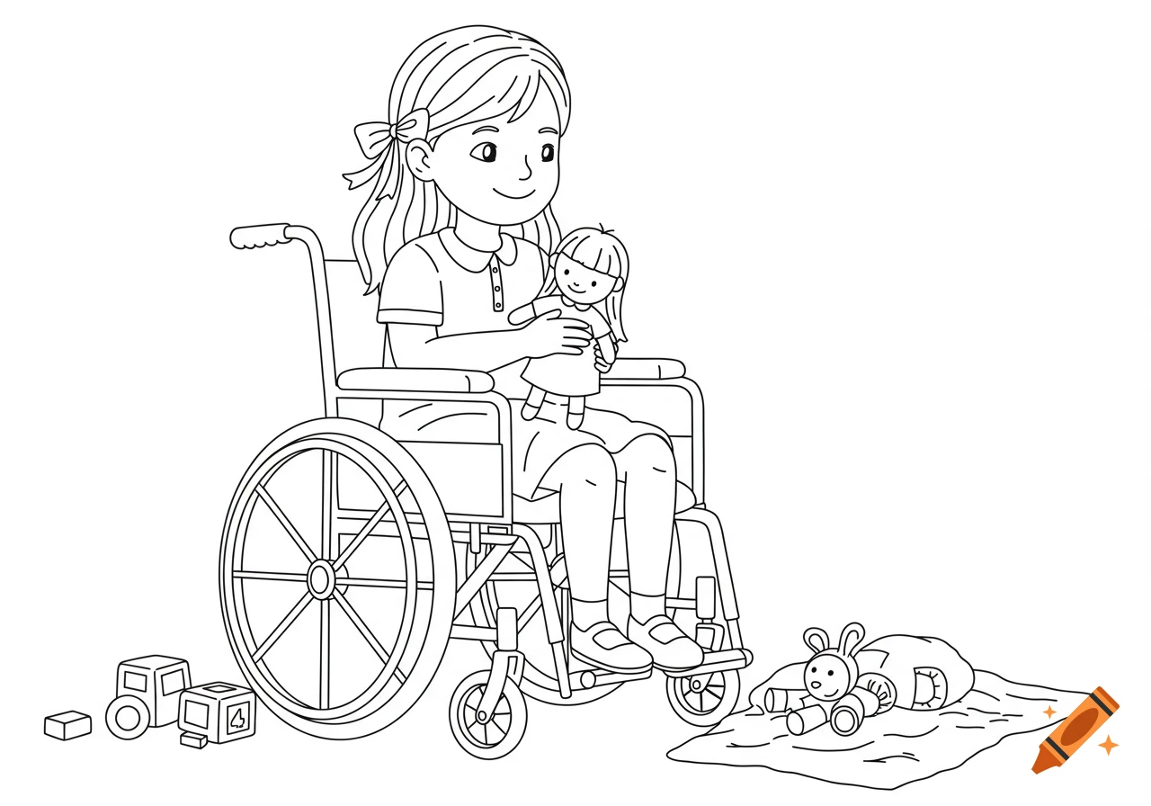 A line drawing of a young girl in a wheelchair holding a doll, with toy blocks and a stuffed animal on the floor.