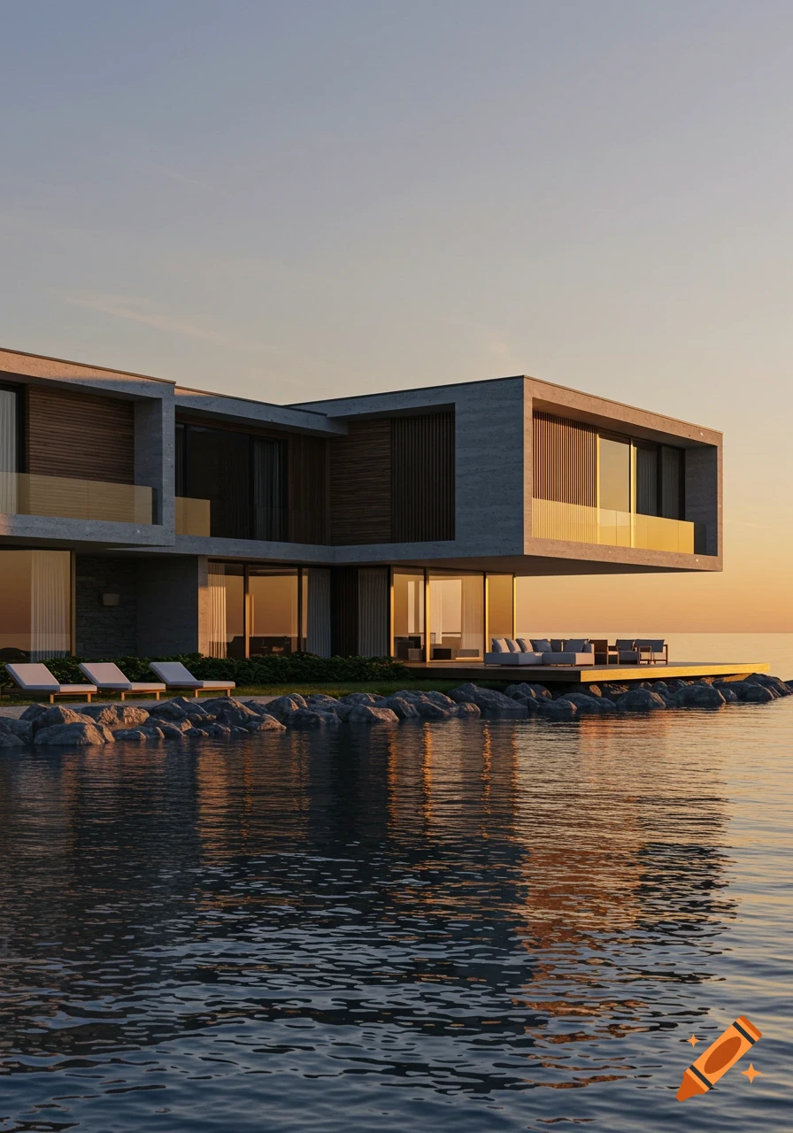 A modern house with geometric lines sits on the water's edge at sunset, reflecting in the calm water.