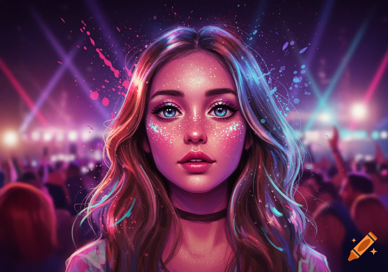 A vibrant digital art portrait of a girl with glowing skin and glitter on her face, at a music festival with neon lights.