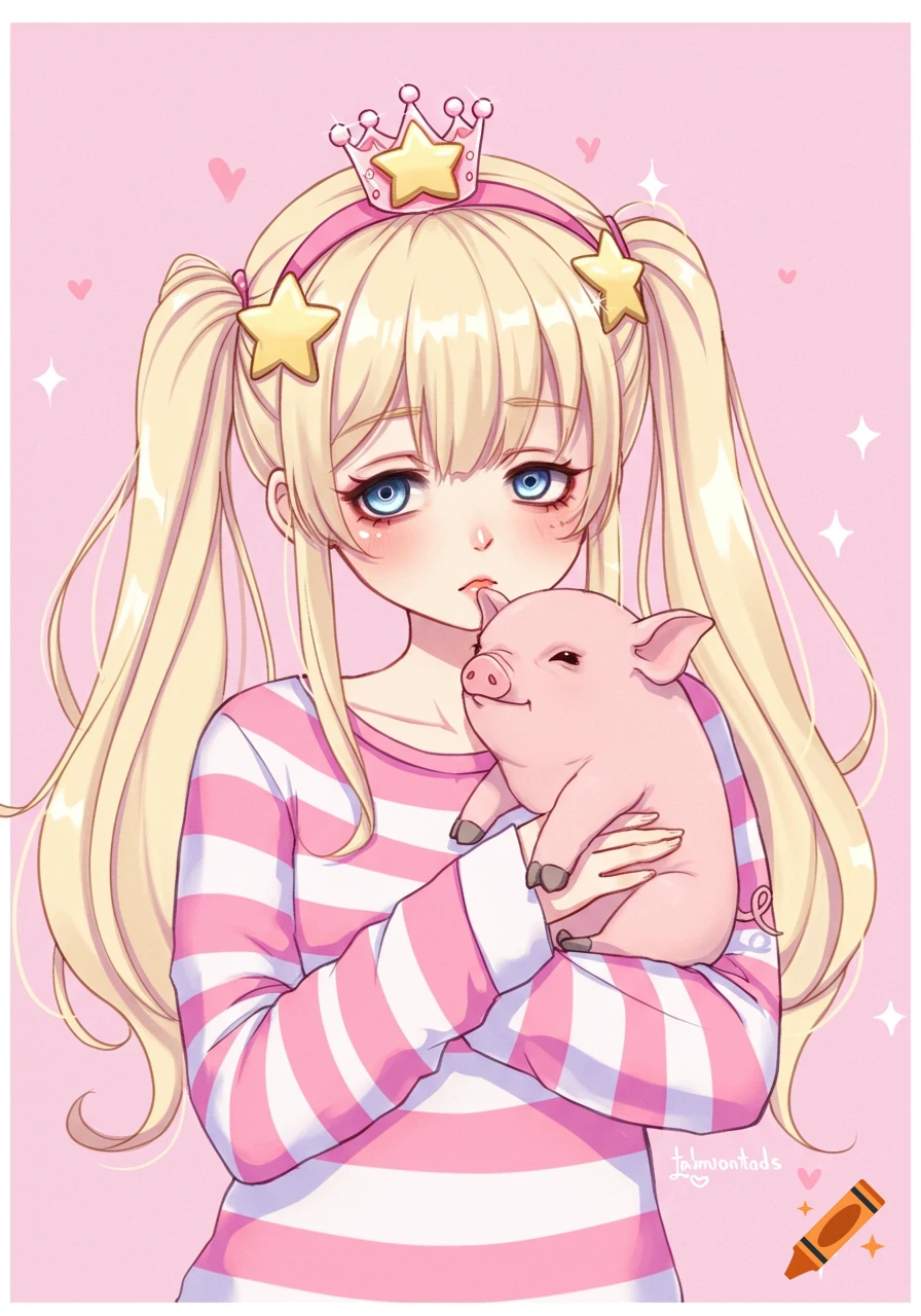 Anime girl with blonde pigtails, a pink striped shirt, and a star crown, holding a small pink pig against a pink background with hearts.