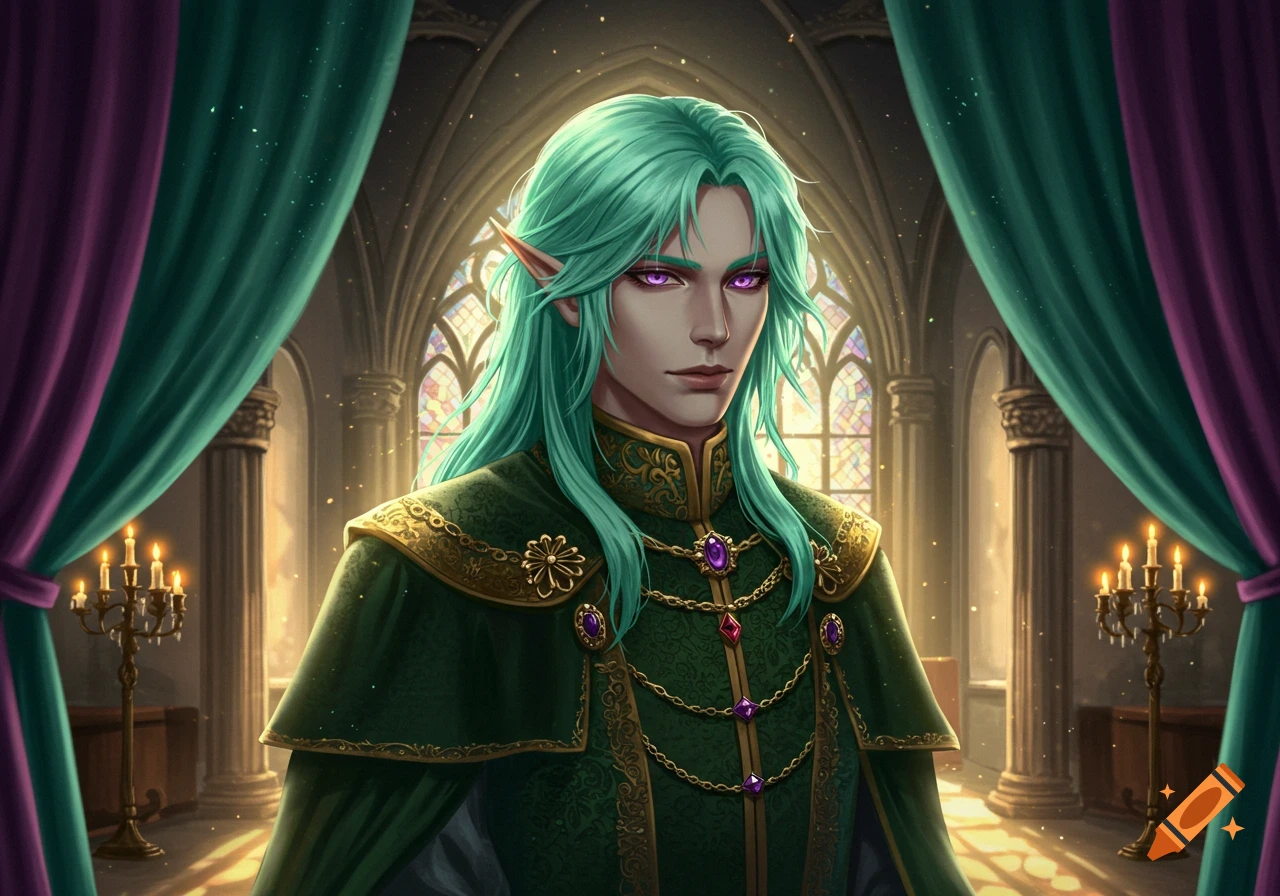 A fantasy prince with long mint green hair and purple eyes, wearing an ornate green and gold robe, stands in a grand castle hall.
