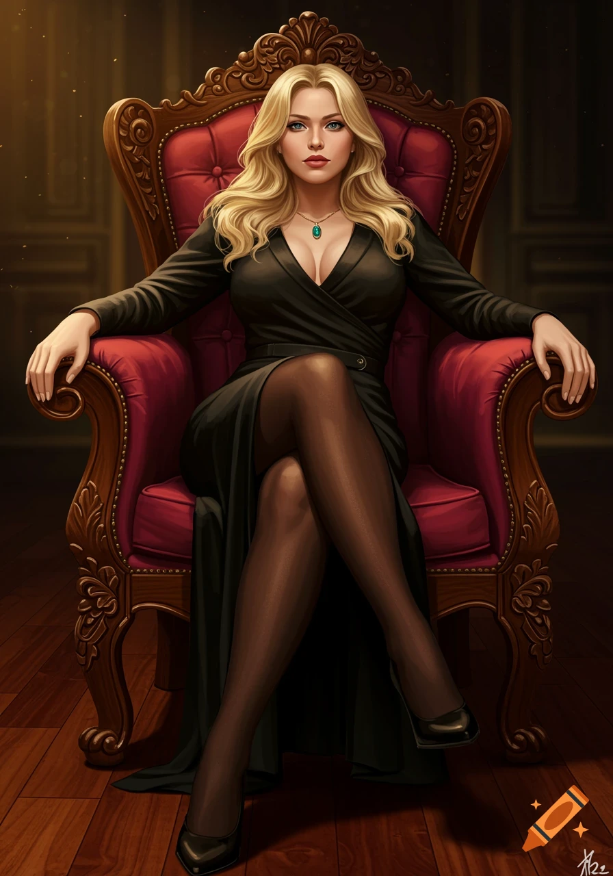 Confident blonde woman in a black dress with an emerald necklace sits regally in an ornate red chair. Digital painting style.