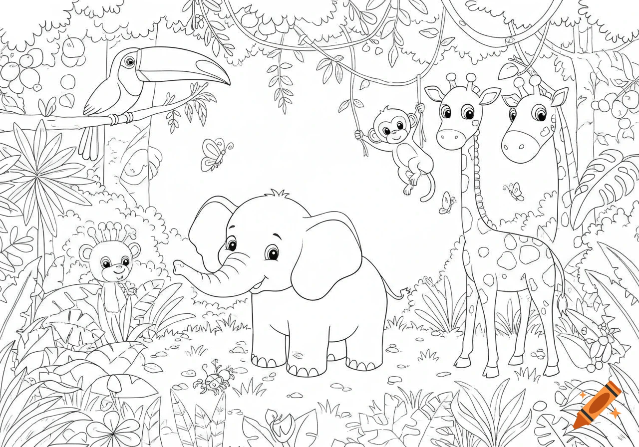 Black and white line art coloring page of cute jungle animals including an elephant, two giraffes, a monkey, a toucan, and a cub in a lush jungle scene.
