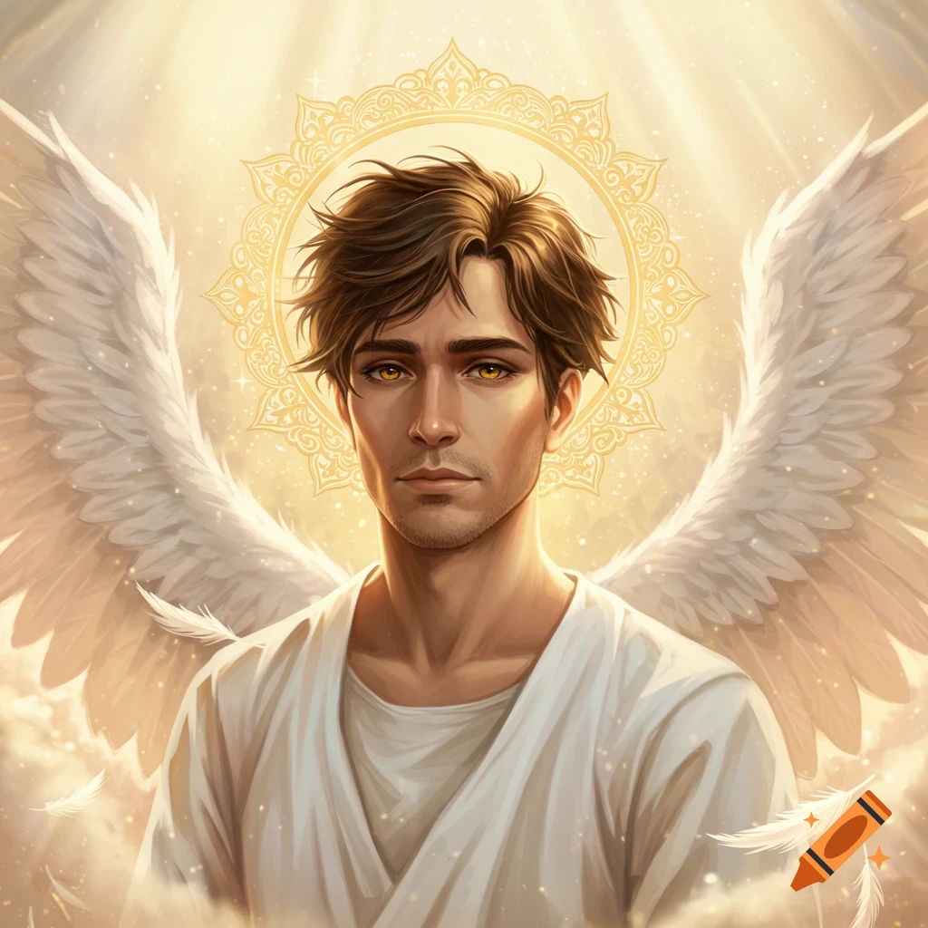 A fantasy portrait of a man with brown hair, golden eyes, large white wings, and a golden halo, surrounded by light.