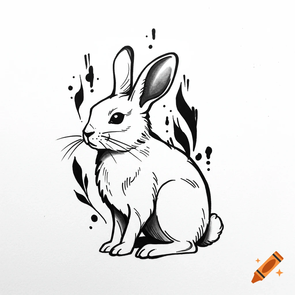 Black and white tattoo stencil illustration of a white rabbit with ink splatters.