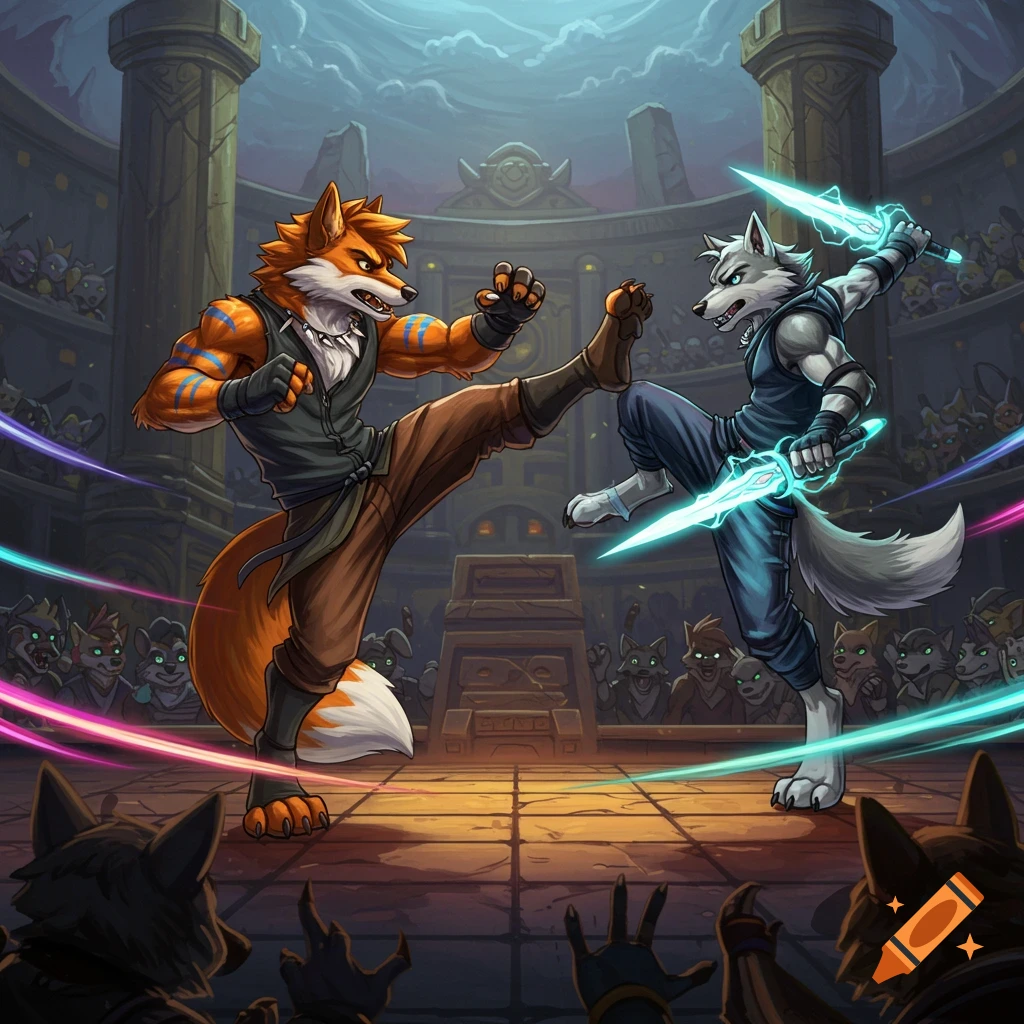 Anthro fox and wolf characters fight in a stylized arena, with the wolf wielding glowing daggers.