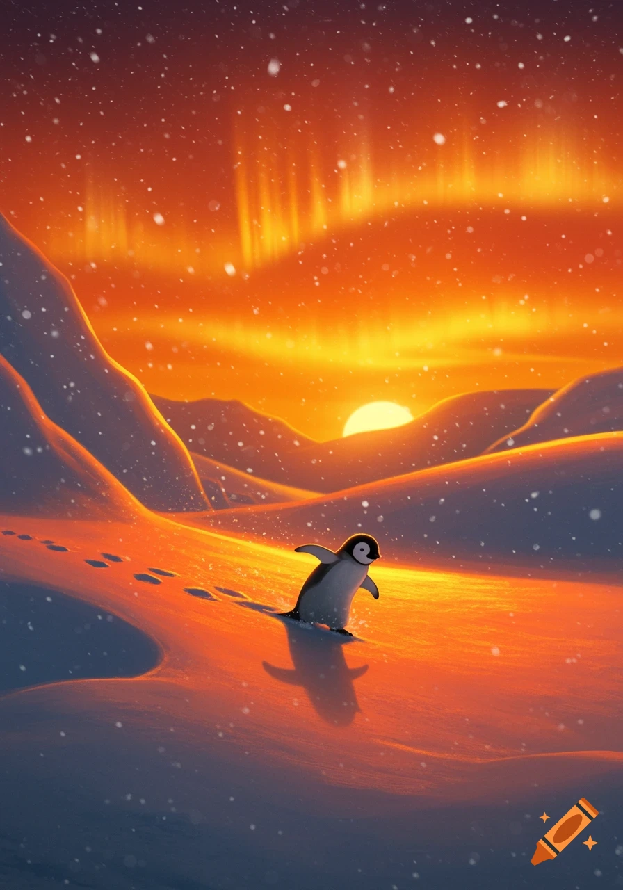 A cartoon baby penguin walks through snow at sunset with orange auroras and falling snow.