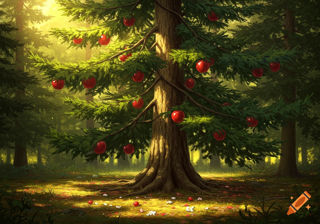 A tall pine tree with bright red apples growing on its branches stands in a sunlit forest clearing, with scattered petals on the ground.