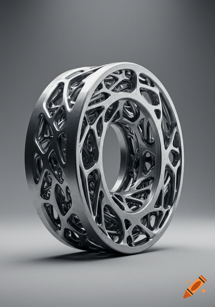 A shiny silver metallic torus with an intricate, organic lattice-like structure within, set against a smooth gray background.
