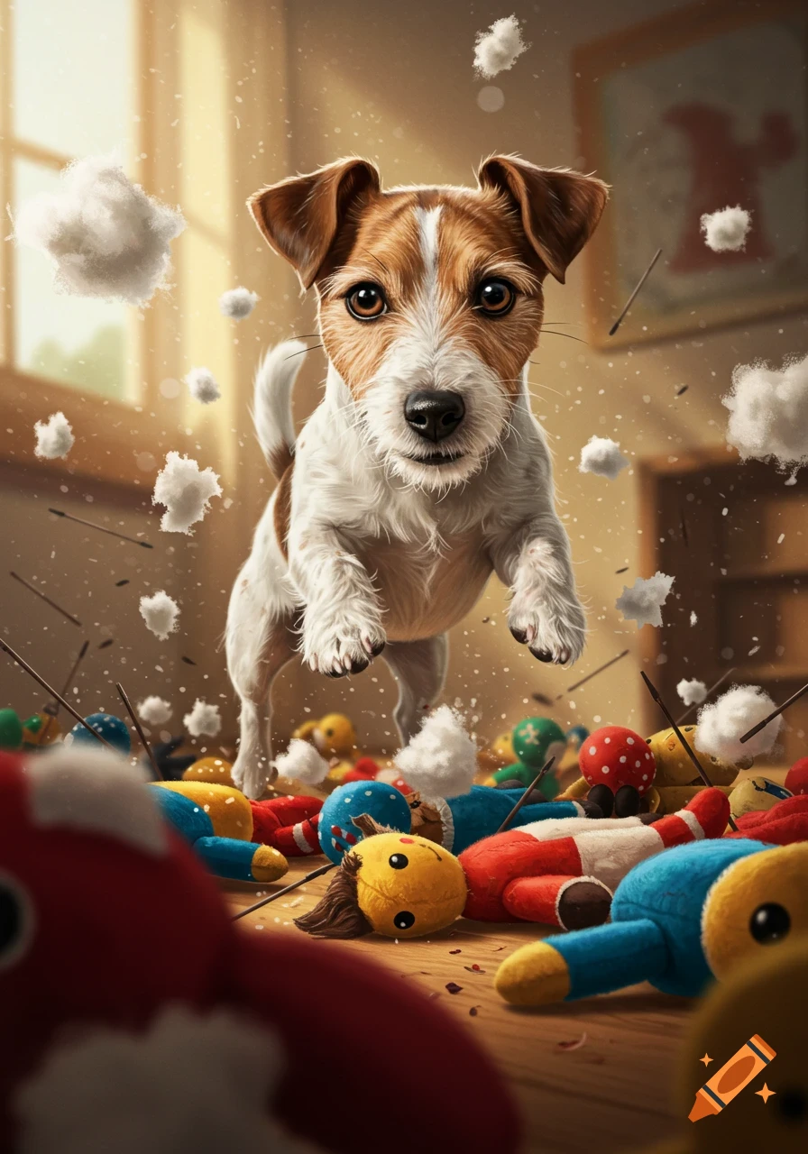 A playful Jack Russell terrier jumps over a floor covered in torn-apart stuffed toys and white fluff, with debris flying around in a brightly lit room.