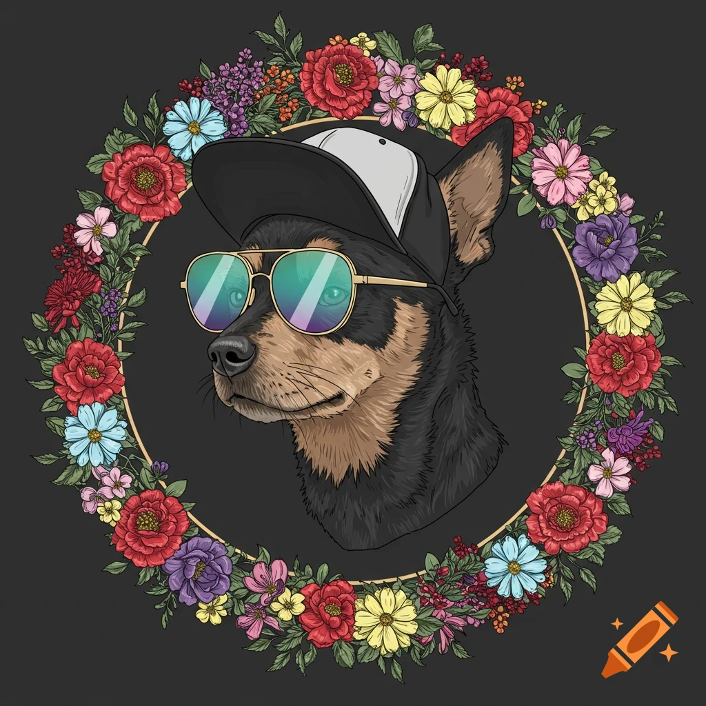 Illustration of a dog in profile, wearing a backwards hat and sunglasses, surrounded by a colorful floral wreath on a dark gray background.