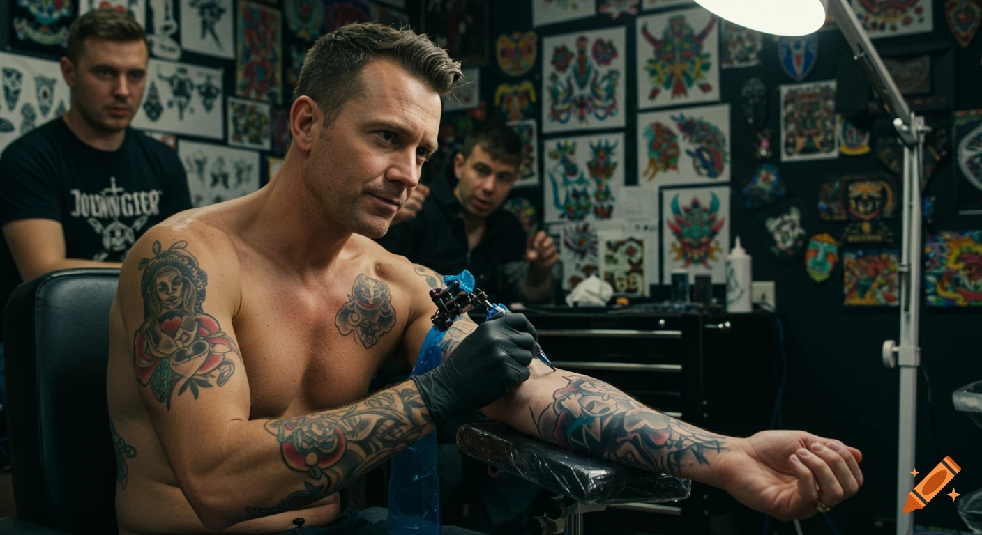A shirtless man with many tattoos gets a new tattoo on his forearm in a brightly lit tattoo shop. Other men are visible in the background.