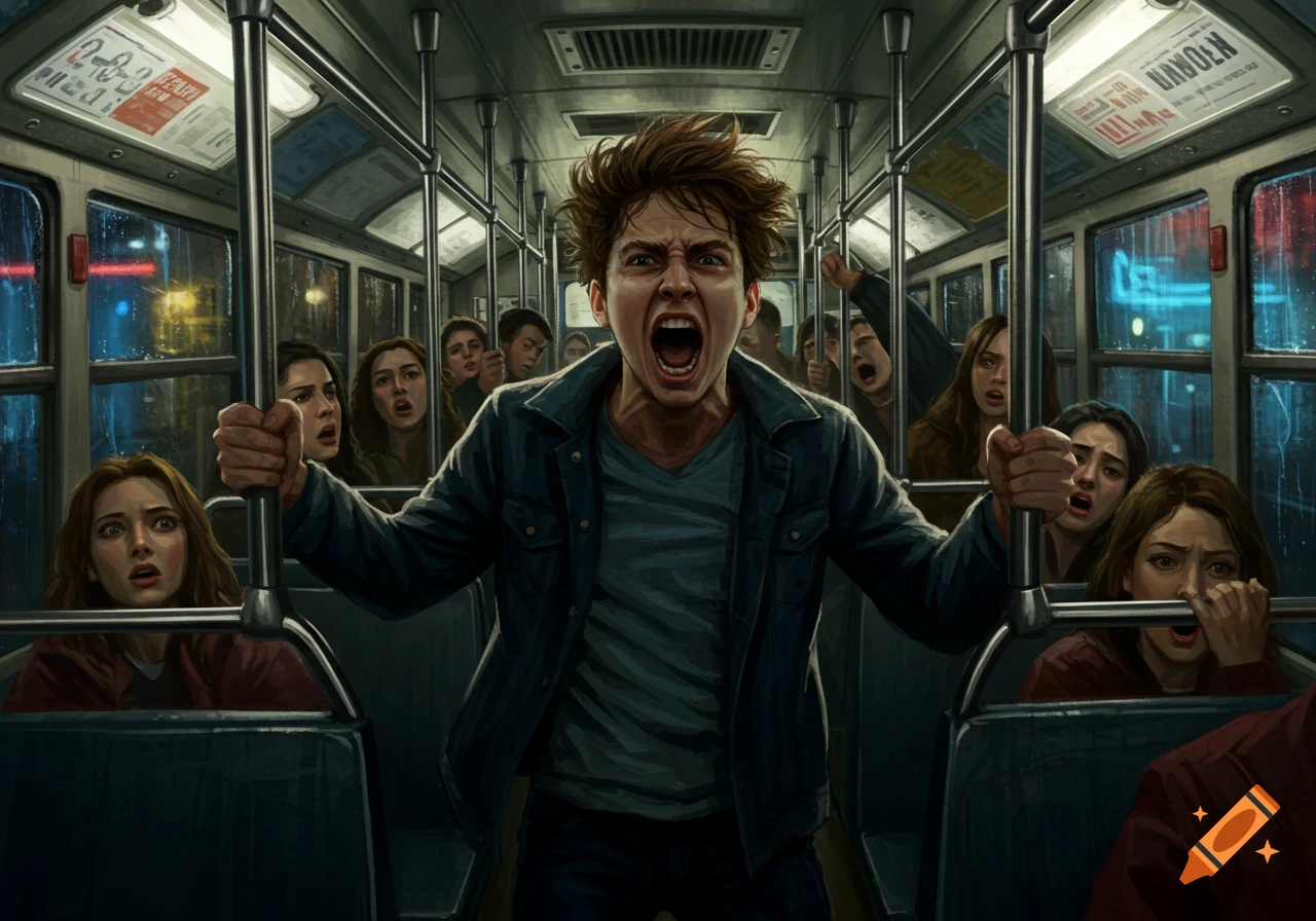 A terrified young man screams inside a crowded bus as other passengers look on in horror, with rainy city lights visible outside.