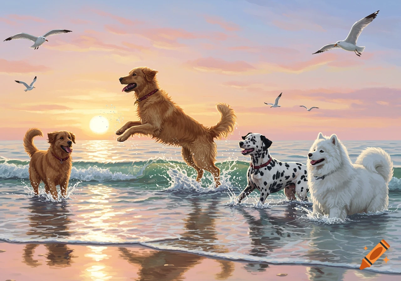 Four happy dogs play in the ocean waves as the sun sets over the water, with seagulls flying above.