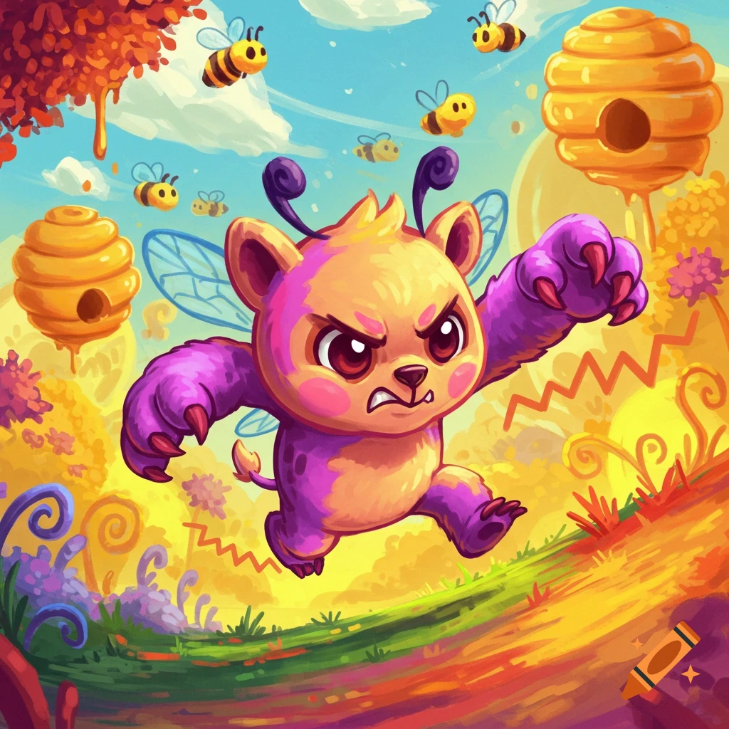 An angry, purple and orange cartoon creature with small wings and large claws runs through a colorful, vibrant landscape with bees flying and beehives floating in the sky.