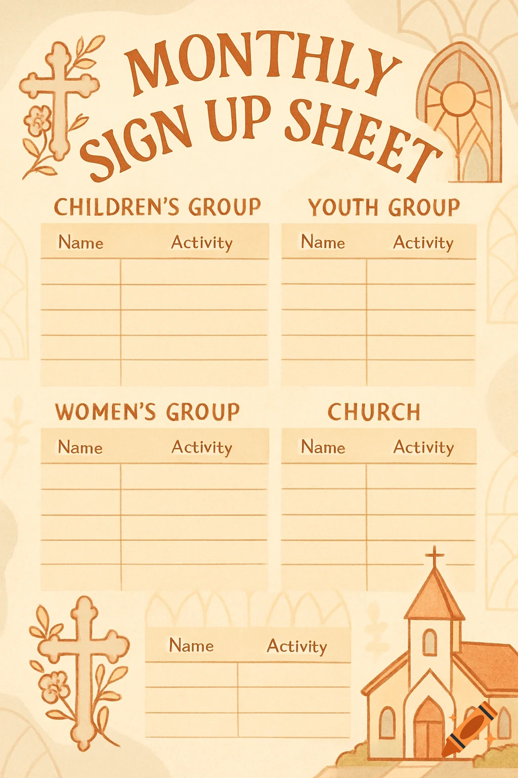 A church-themed monthly sign-up sheet in warm colors, featuring sections for children's, youth, women's, and general church groups with spaces for names and activities, adorned with cross and church illustrations.