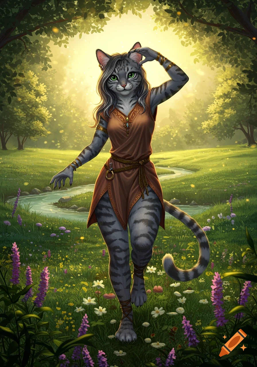 A stylized illustration of an anthropomorphic catgirl with grey fur and green eyes, walking through a sunlit forest meadow beside a stream.