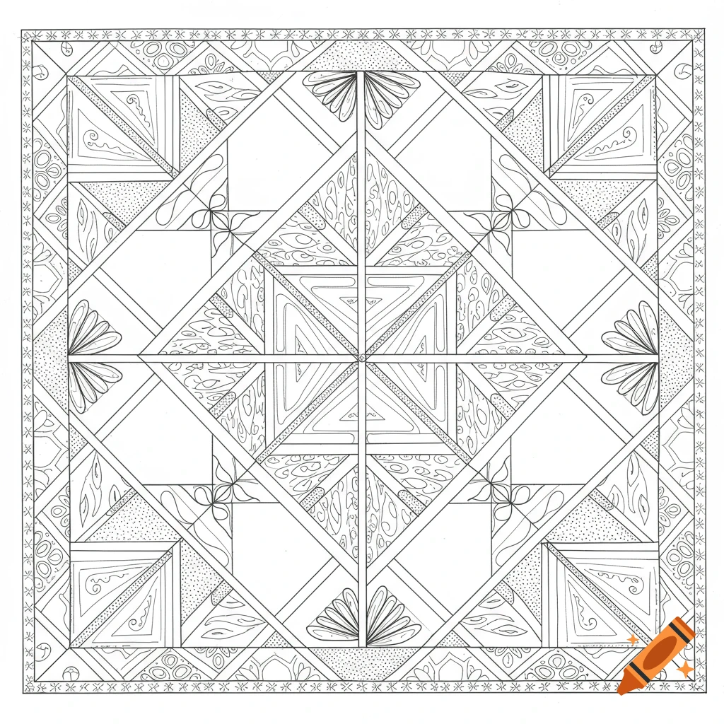 Black and white line drawing of a complex geometric pattern, resembling a quilt block, for a coloring book.