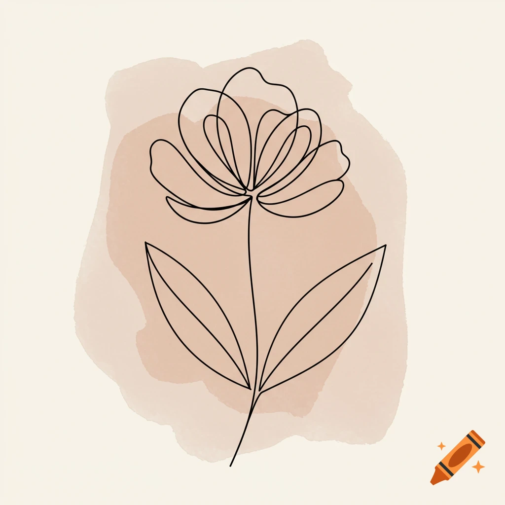 A minimalist black line art flower with two leaves on a soft brown watercolor background.